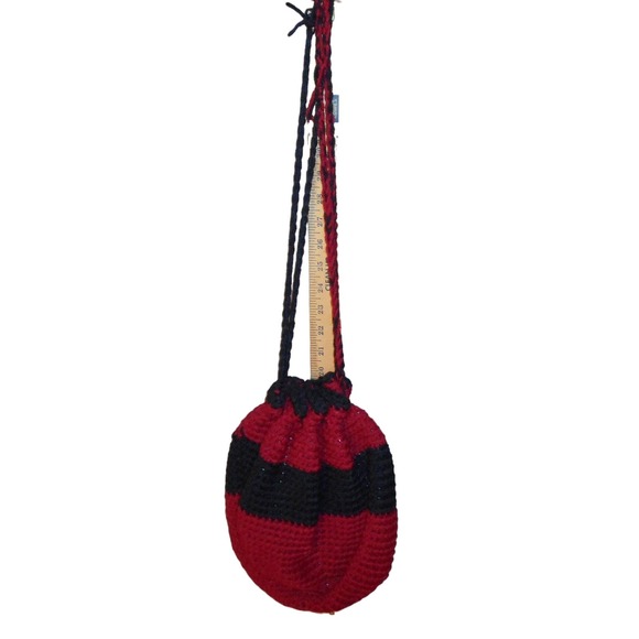 Red & Black Crotchet Drawstring Bags Pouch Handmade Purse Keepsake Bag Lined - Picture 1 of 3